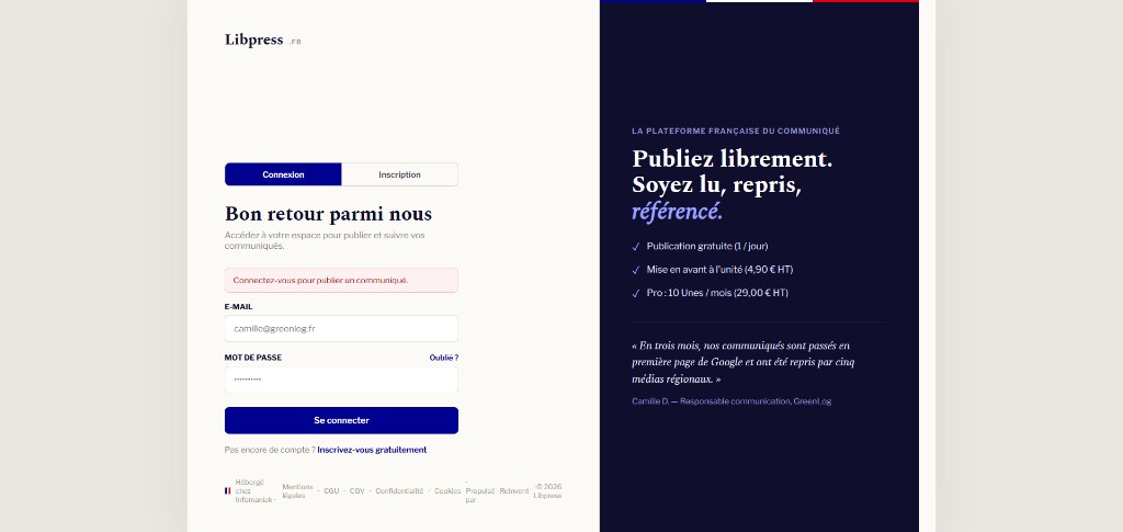 Libpress — connexion pour publier et suivre ses communiqués de presse