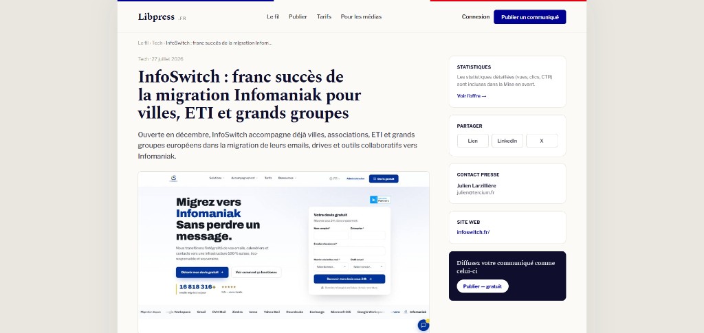 Page dédiée d'un communiqué Libpress, avec partage, contact presse et statistiques