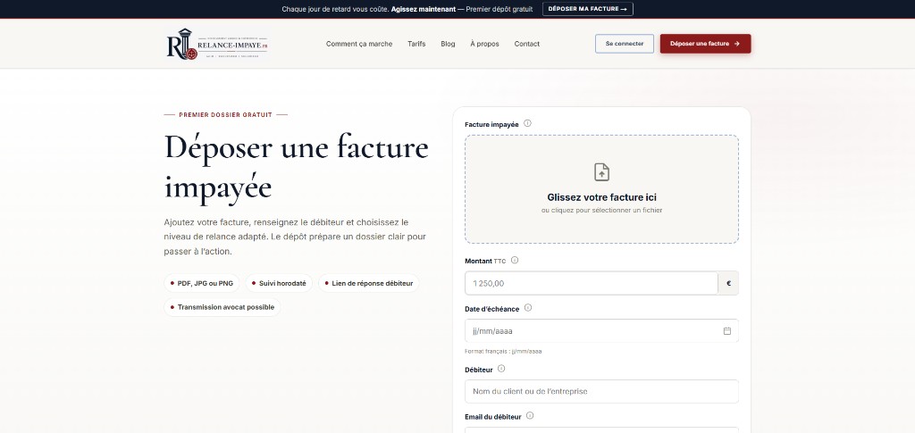 Relance Impayé — dépôt d'une facture impayée, montant, échéance et débiteur